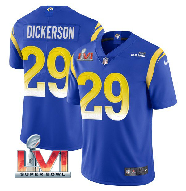 Men's Los Angeles Rams #29 Eric Dickerson 2022 Royal Super Bowl LVI Vapor Limited Stitched Jersey Men's Los Angeles Rams #29 Eric Dickerson 2022 Royal Super Bowl LVI Vapor Limited Stitched Jersey